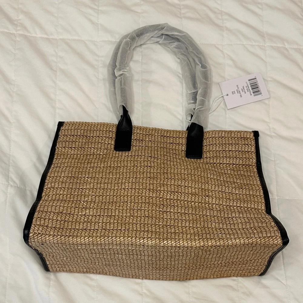 Walter Baker Delaney Woven Tote Bag Tan Black Raffia Leather Trim Boho Resort